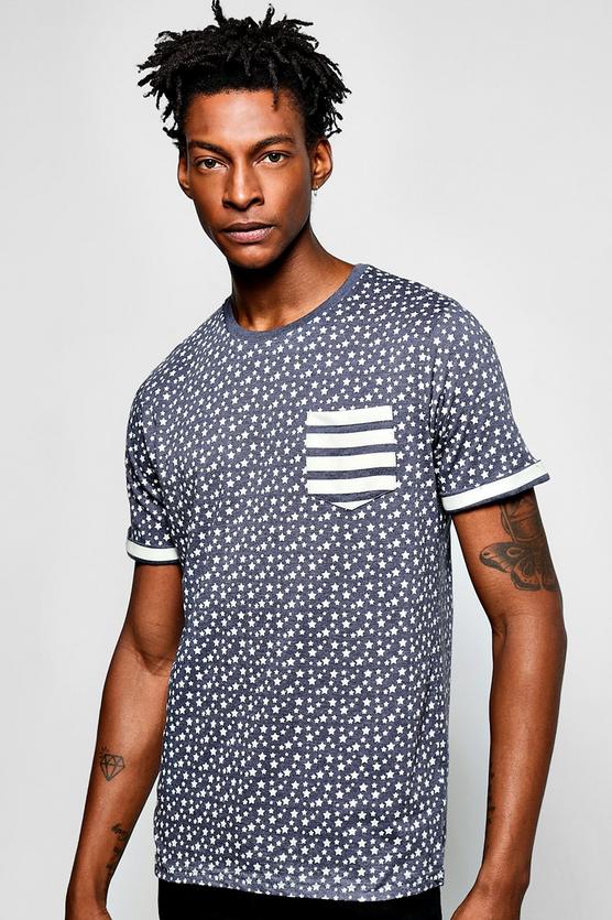 All Over Star Print T Shirt With Pocket